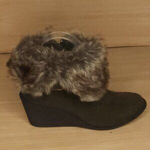 A.N.A Dark Green Suede Look Faux Fur Wedge Ankle Boots 7